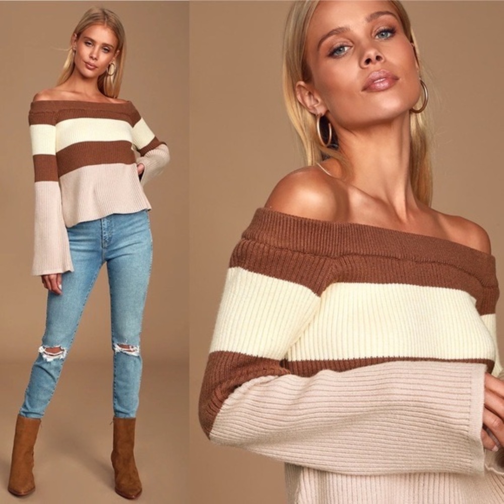 Lulu’s Morro Brown Stripe Off the Shoulder Sweater